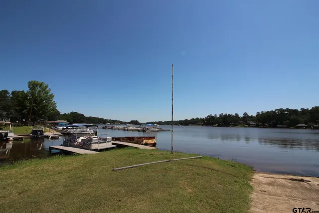 a view of a lake with boats and trees in the background