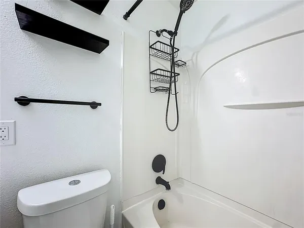 a bathroom with a shower and a toilet