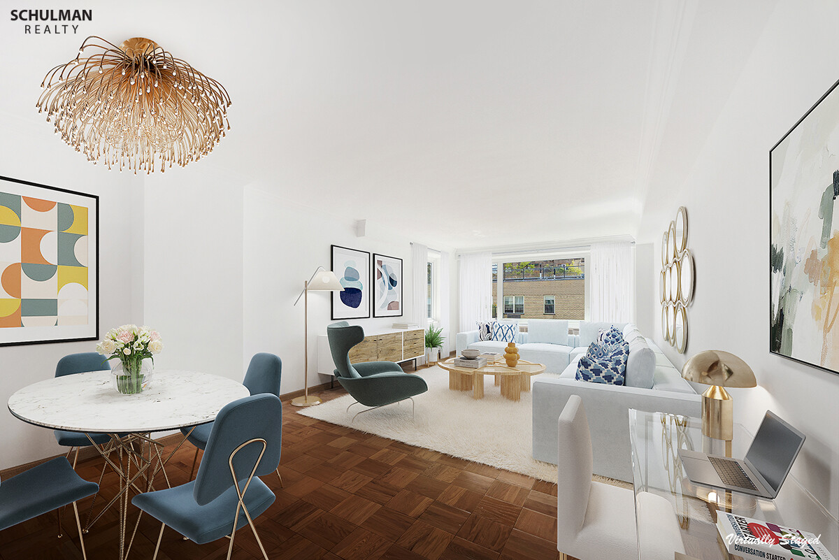 a living room with furniture and a table