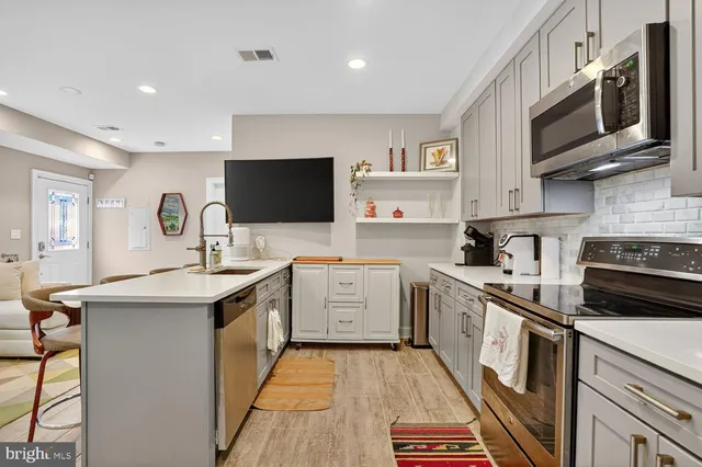 a kitchen with a sink stove and microwave