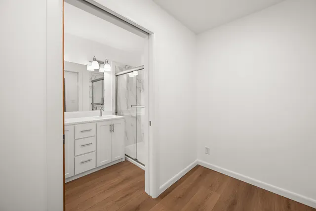 a bathroom with a sink a mirror and a shower