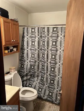 a bathroom with a toilet and a shower curtain