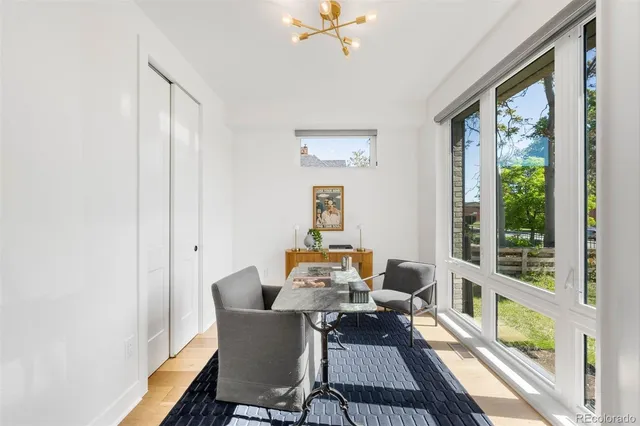a view of a dining room with furniture