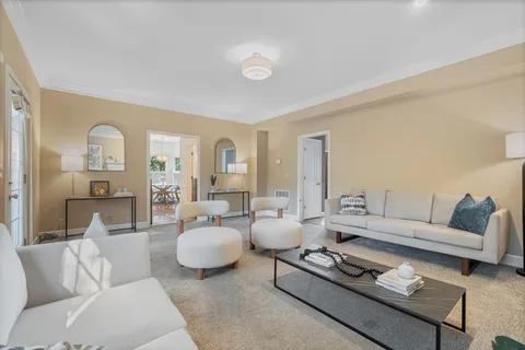 a living room with furniture a rug and a large window