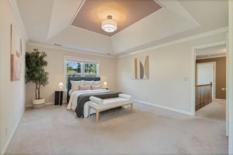 a bed room with a bed and a potted plant