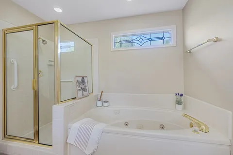 a bathroom with a bathtub and a shower