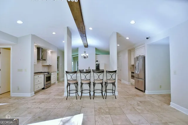 a view of a dining room with furniture