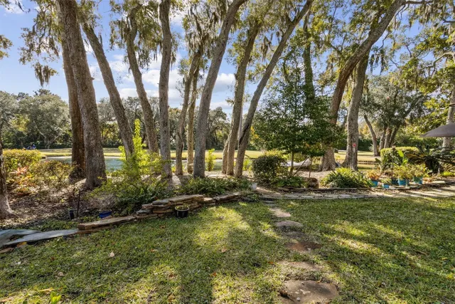 a view of a yard with swimming pool