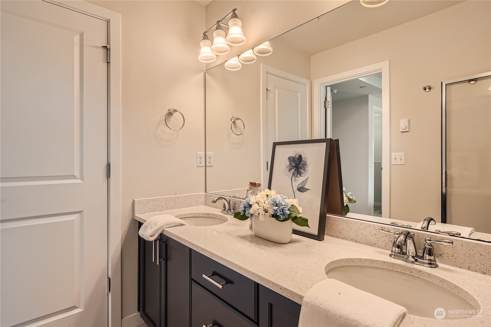 603 237th Street Southeast, Unit B Bothell, WA 98021 - Photo 16 of 27 a bathroom with a sink vanity granite and a mirror
