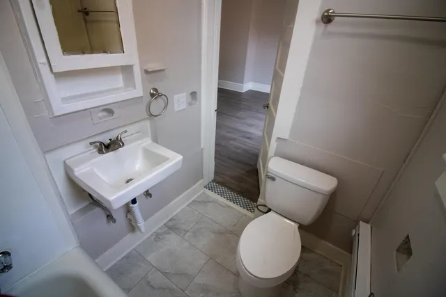 a bathroom with a toilet a sink and a mirror