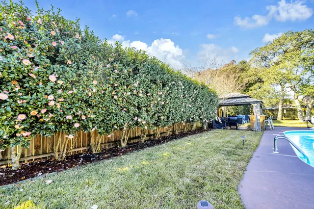 a view of a chair and table in backyard