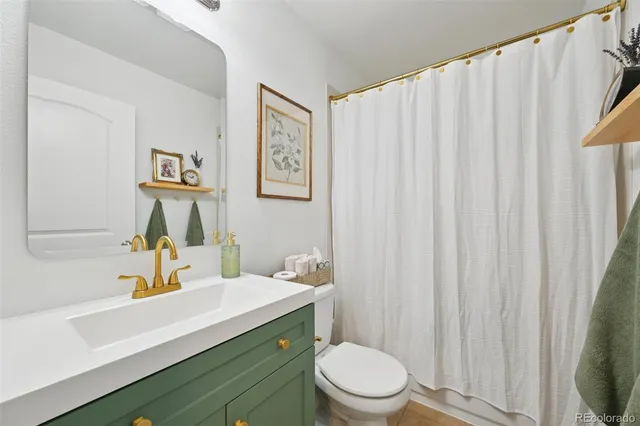 a bathroom with a sink a toilet and shower curtain