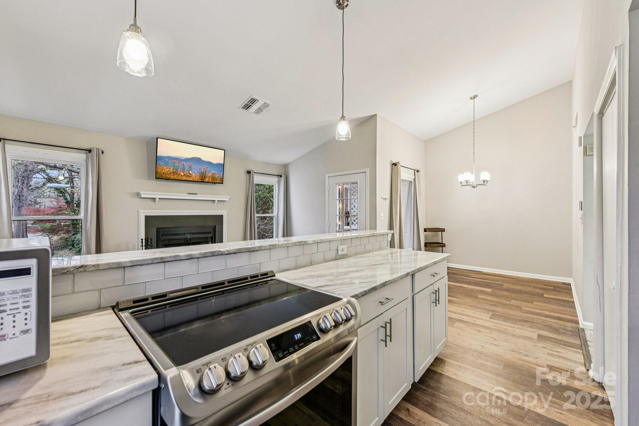 430 Queens Road, Unit 732 Charlotte, NC 28204 - Photo 7 of 17 a kitchen with stainless steel appliances a stove a sink and a fireplace