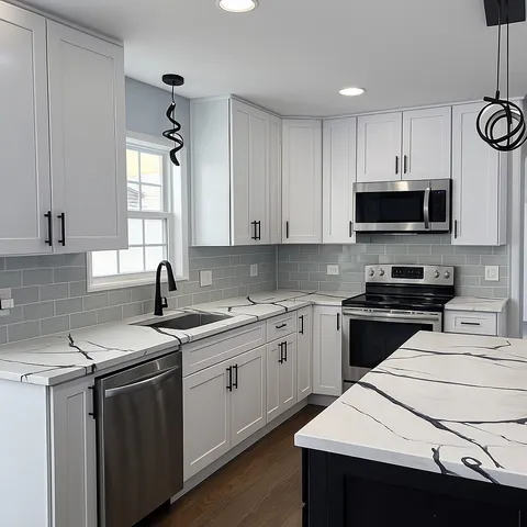 a kitchen with a sink a stove a microwave and cabinets