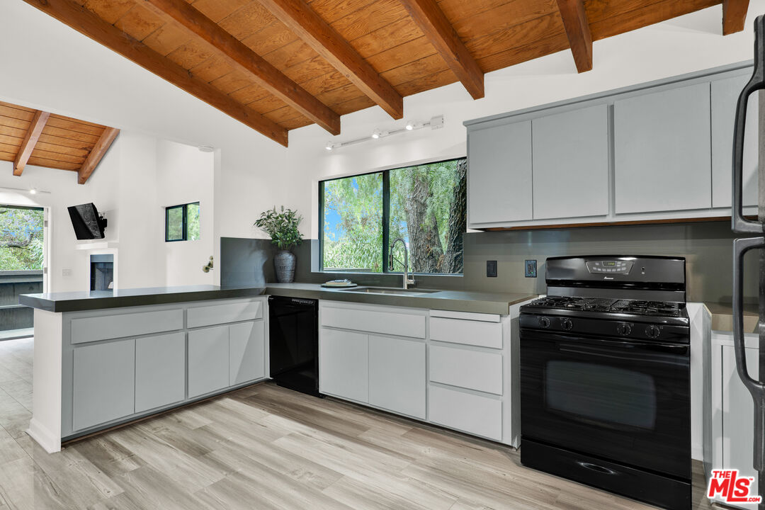 2039 Tuna Canyon Road, Unit A Topanga, CA 90290 - Photo 3 of 28 a kitchen with stainless steel appliances granite countertop a stove a sink and a microwave