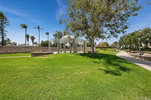 a view of a park with large trees