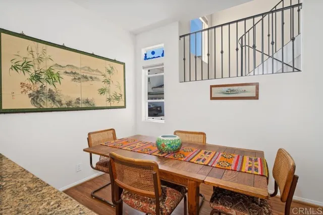 a view of a dining room with furniture