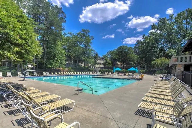 a view of a park with large trees