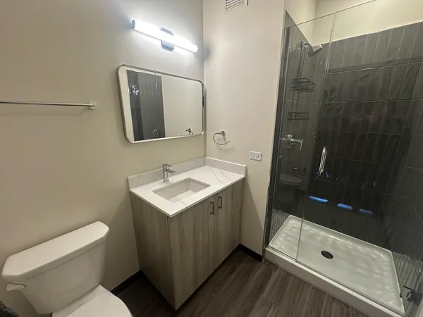 a bathroom with a sink a toilet a mirror and shower