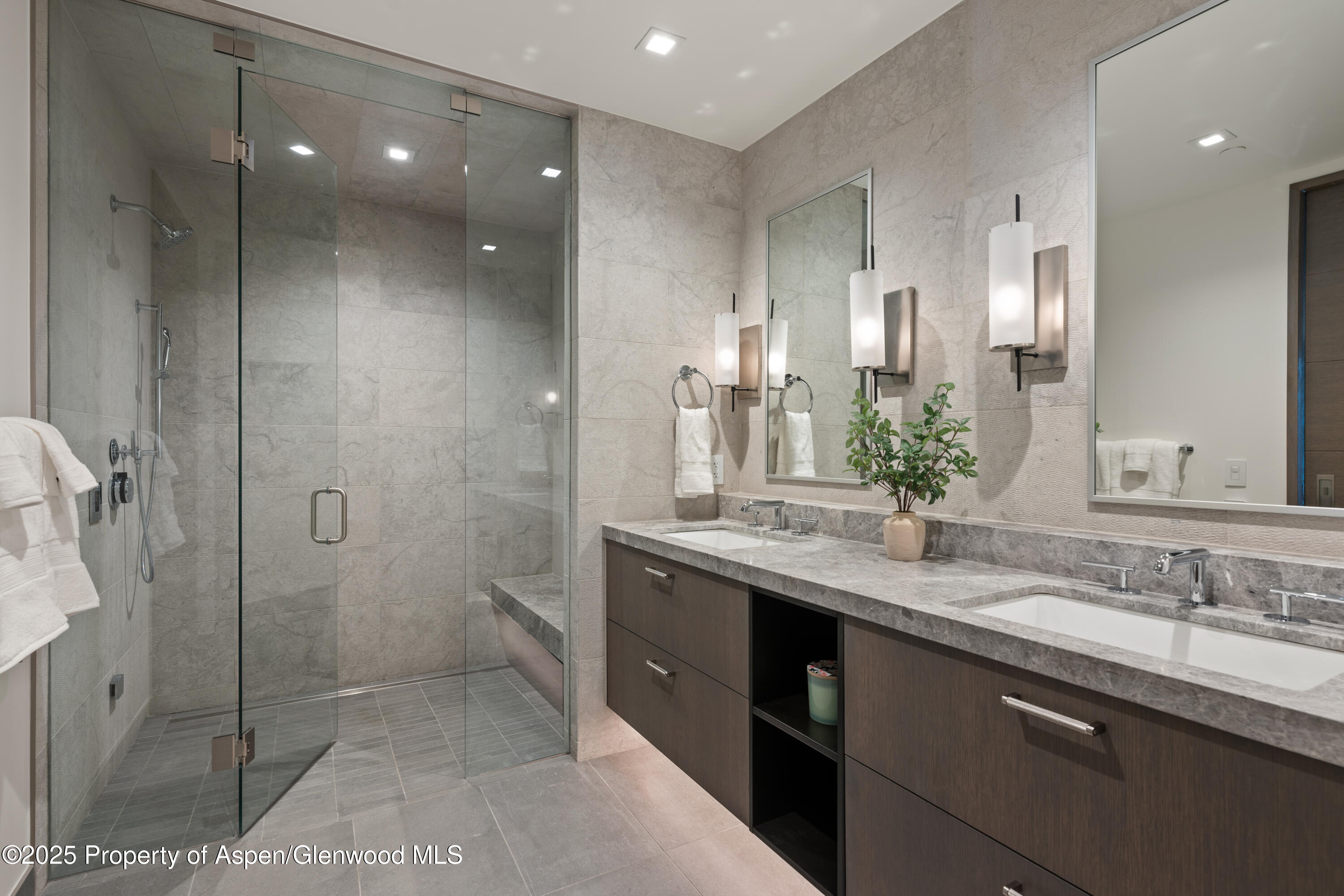 180 Wood Road, Unit 304 Snowmass Village, CO 81615 - Photo 30 of 61 a bathroom with a granite countertop sink mirror and double