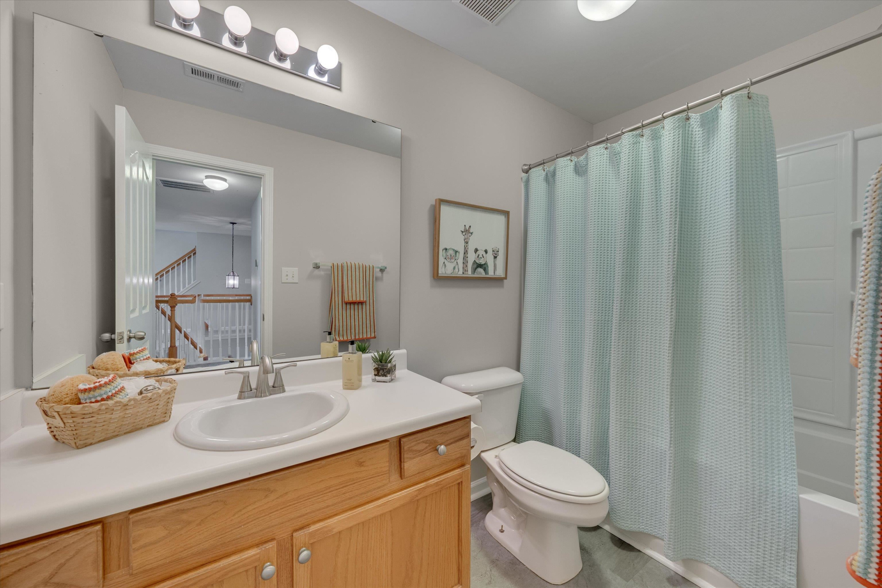 5 Gardenview Place Durham, NC 27713 - Photo 24 of 32 a bathroom with a sink a toilet a mirror and shower curtain
