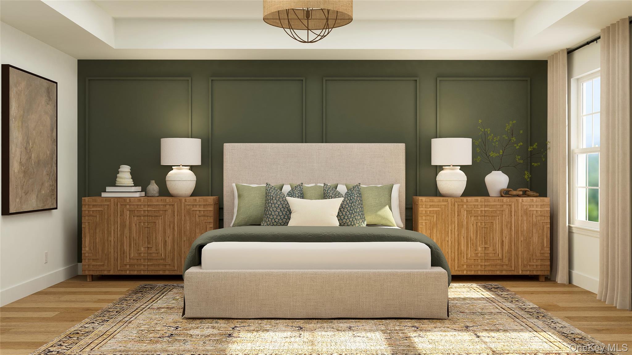 a bedroom with a bed and cabinets