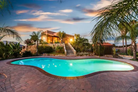 a view of a swimming pool with a yard