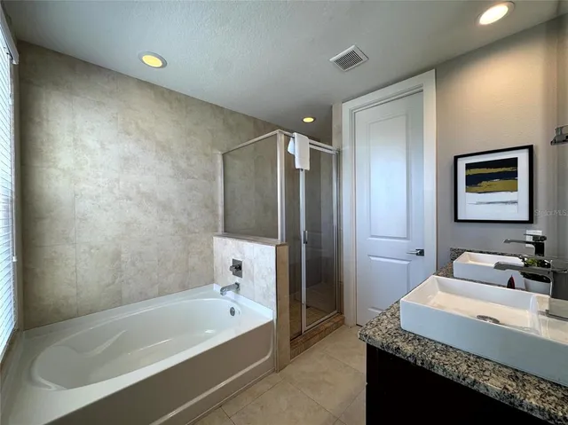 a bathroom with a granite countertop sink a bathtub and a shower