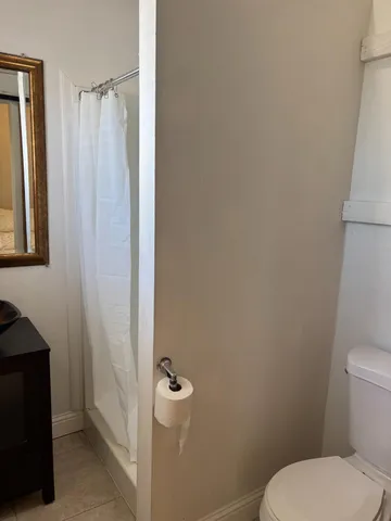 a white toilet sitting next to a shower curtain