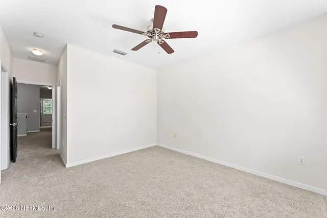 a view of a yard with plants and large trees