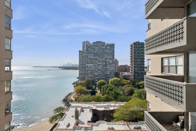 a view of a city and ocean view