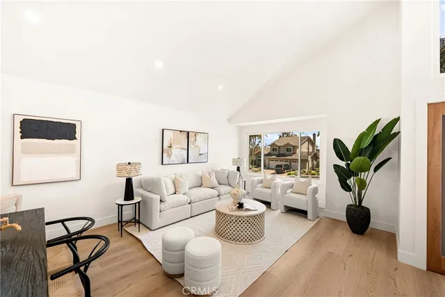 a living room with furniture and a potted plant