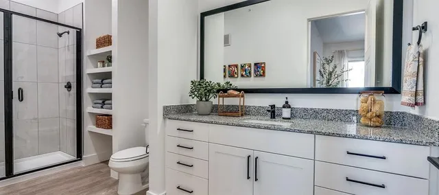 a bathroom with a granite countertop sink toilet and shower