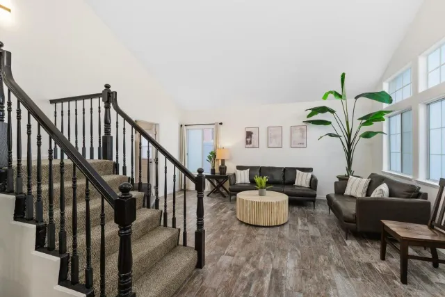 a living room with furniture and a potted plant