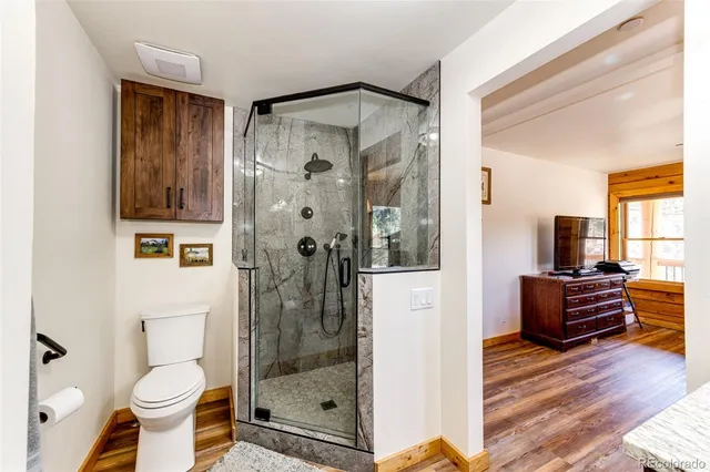 a bathroom with a toilet and a shower