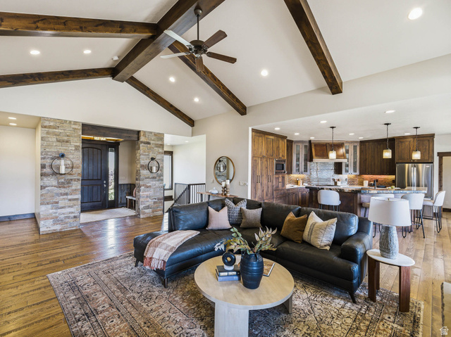402 Shadow Hill Road Wanship, UT 84017 - Photo 10 of 90 Living area with light wood-style flooring, recessed lighting, and ceiling fan