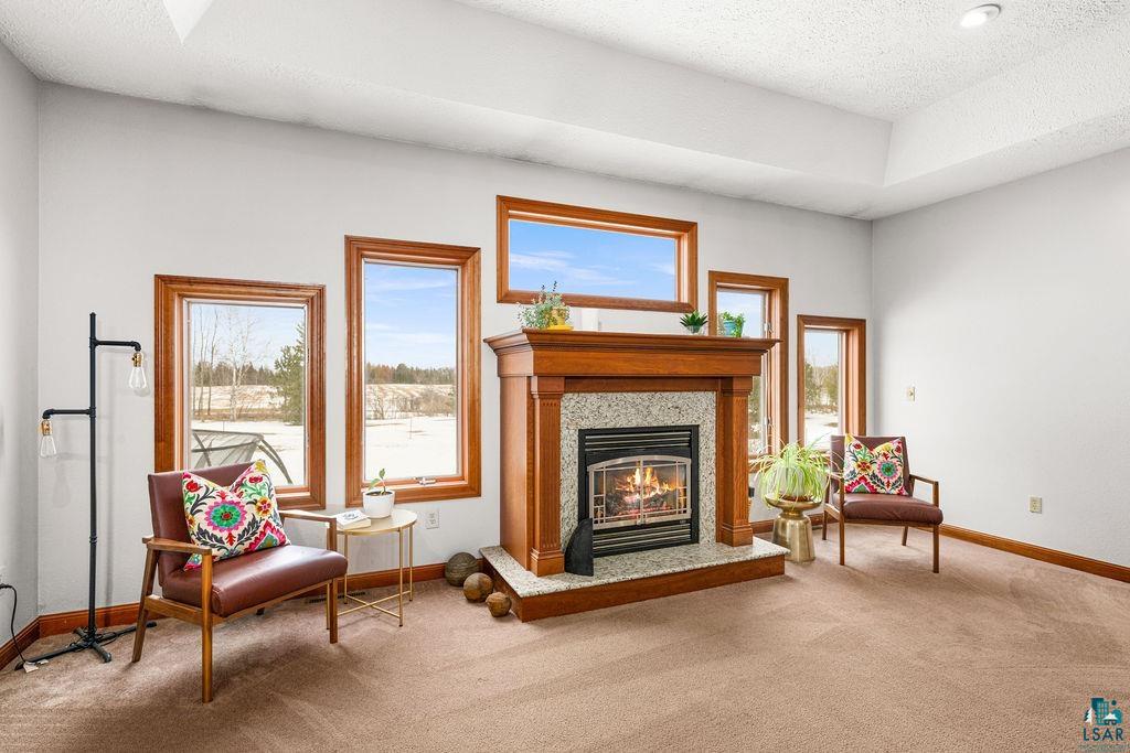 2542 Ziehl Road Carlton, MN 55718 - Photo 16 of 51 Sitting room with a textured ceiling, carpet floors, and a fireplace