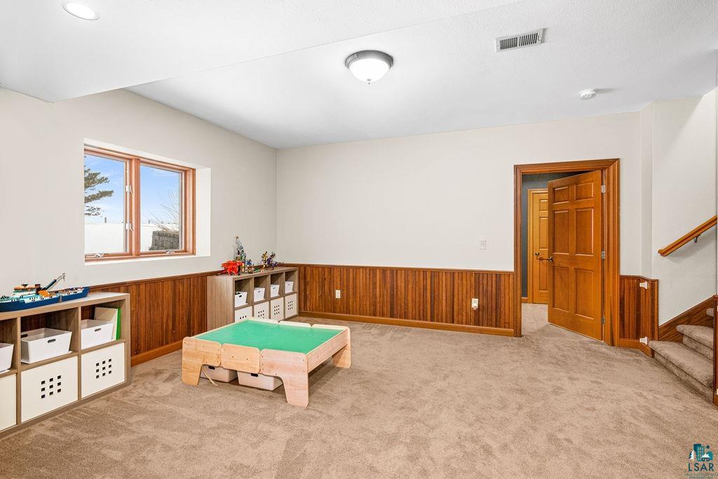 2542 Ziehl Road Carlton, MN 55718 - Photo 34 of 51 Recreation room with a wainscoted wall, carpet flooring, and wooden walls