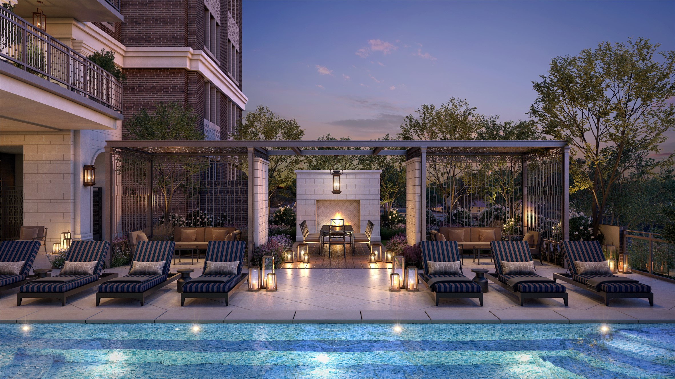 1717 Bissonnet Street, Unit 1105 Houston, TX 77005 - Photo 31 of 32 The pool deck offers private cabanas with televisions, a cast stone fireplace, relaxing lounging areas, a commercial grade pizza oven, grills and lush landscaping.