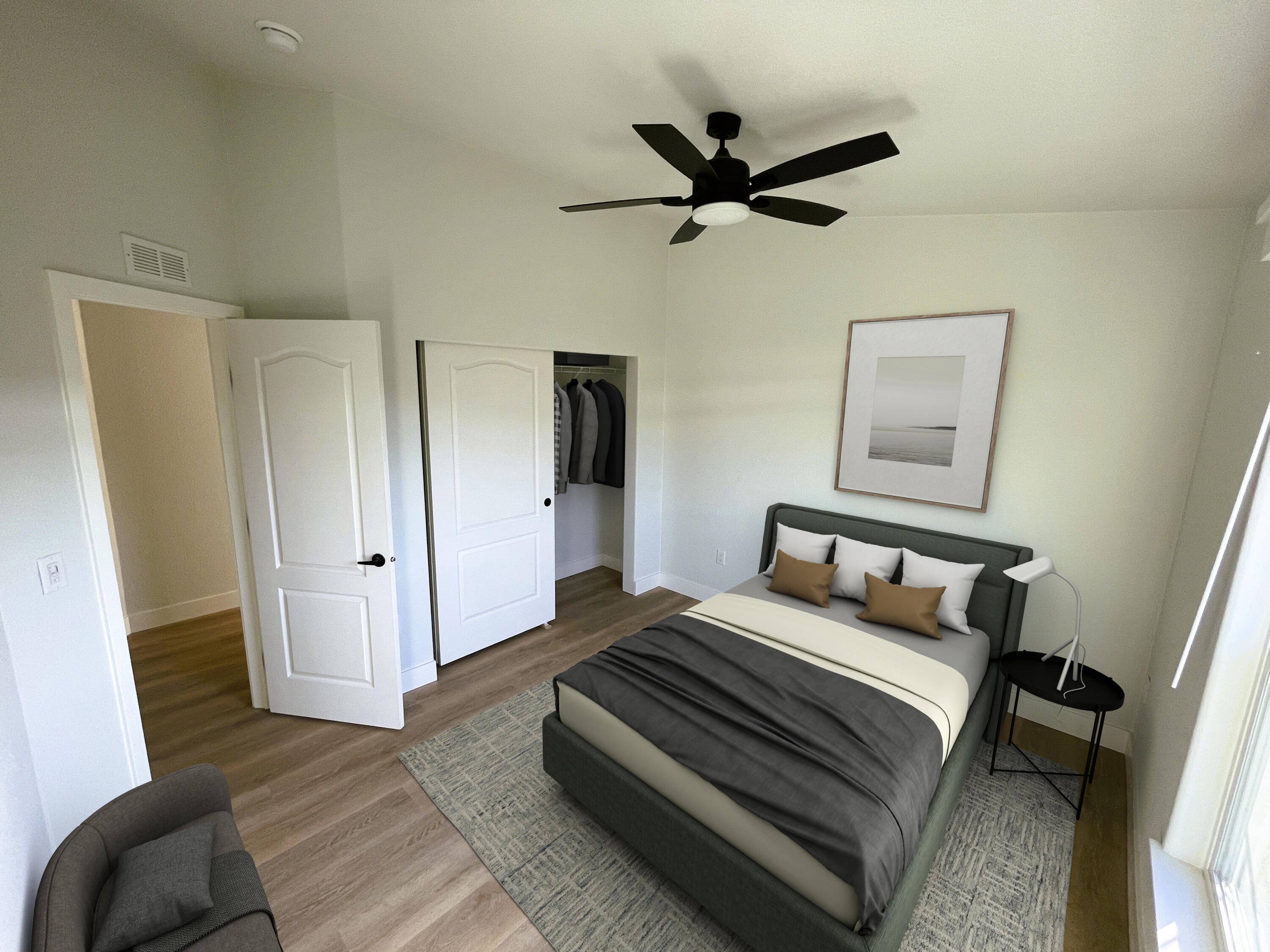 340 Old Mill Road, Unit SPC 214 Santa Barbara, CA 93110 - Photo 15 of 31 a bedroom with a bed and a chandelier