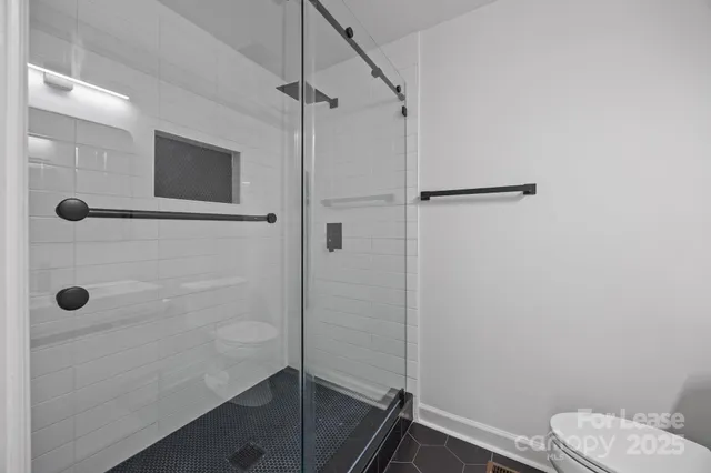 a bathroom with a shower and toilet
