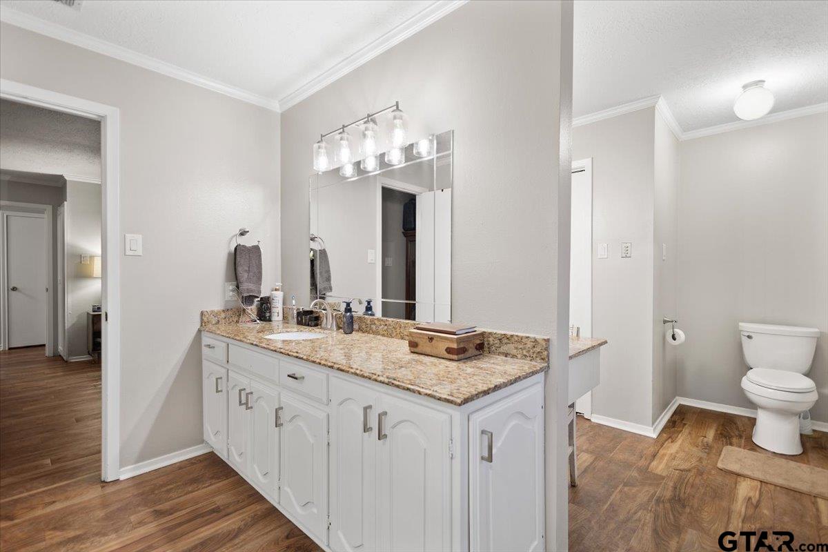 1606 Timothy Street Henderson, TX 75654 - Photo 18 of 33 a spacious bathroom with a granite countertop sink a toilet and a mirror