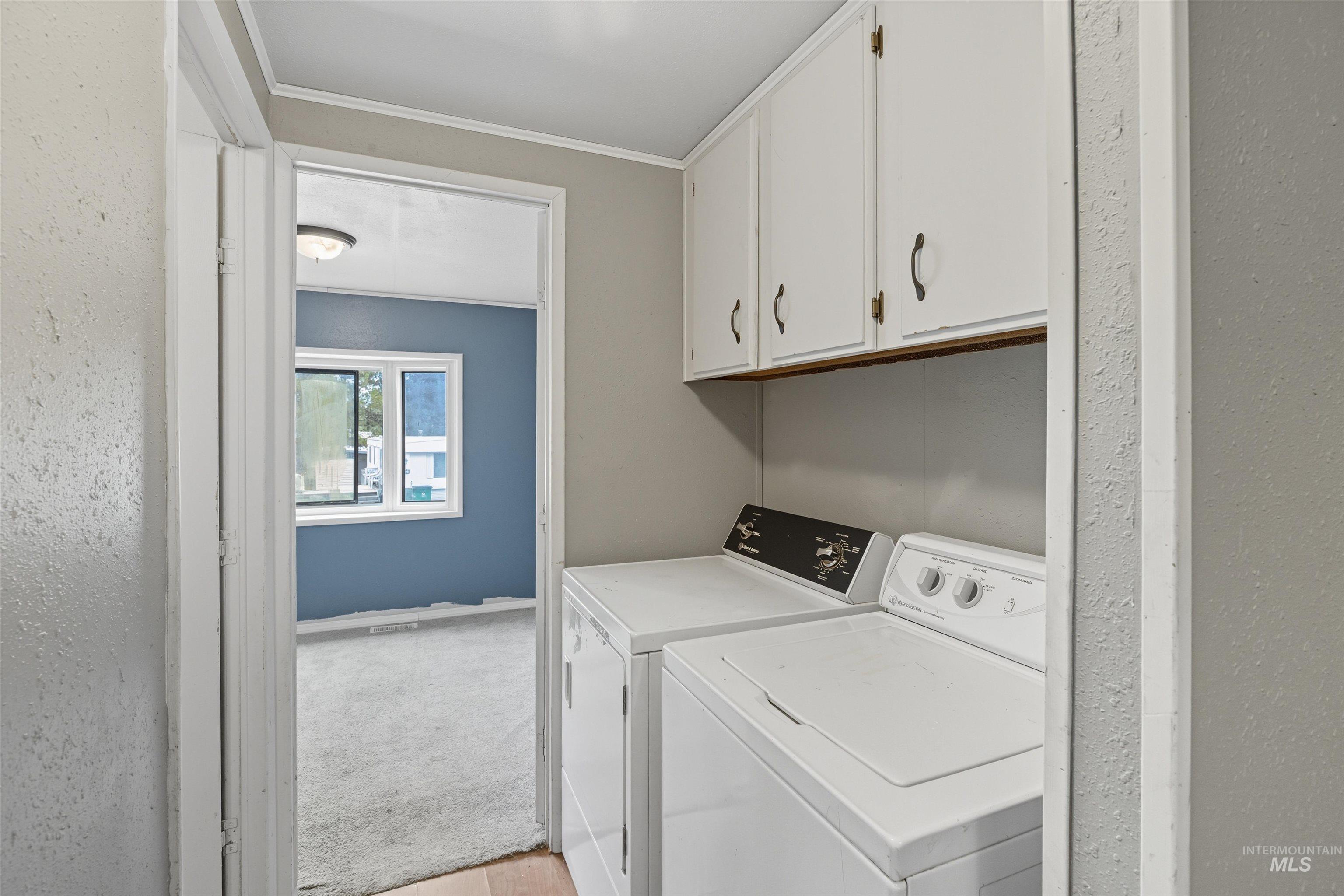 609 North Almon Street, Unit 2003 Moscow, ID 83843 - Photo 5 of 18 Laundry area with washing machine and clothes dryer, cabinet space, crown molding, light wood-type flooring, and light colored carpet