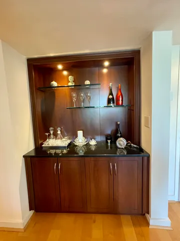 a room with wooden cabinets