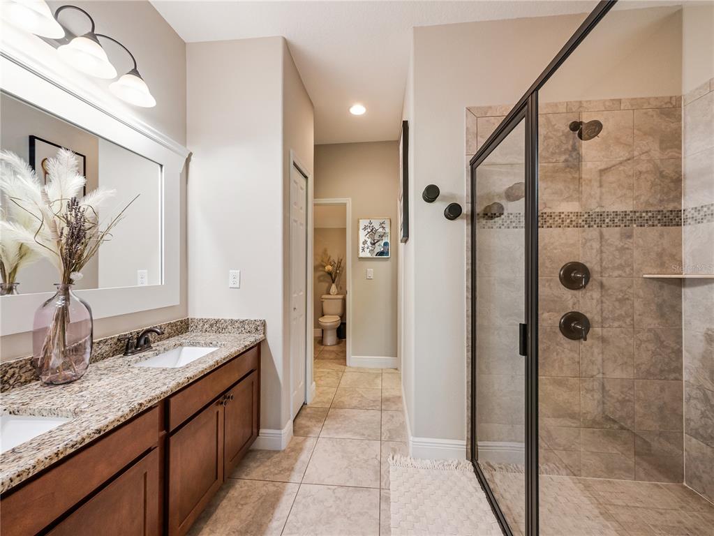 8416 Magnificent Road Groveland, FL 34736 - Photo 14 of 28 a bathroom with a granite countertop sink a mirror and shower