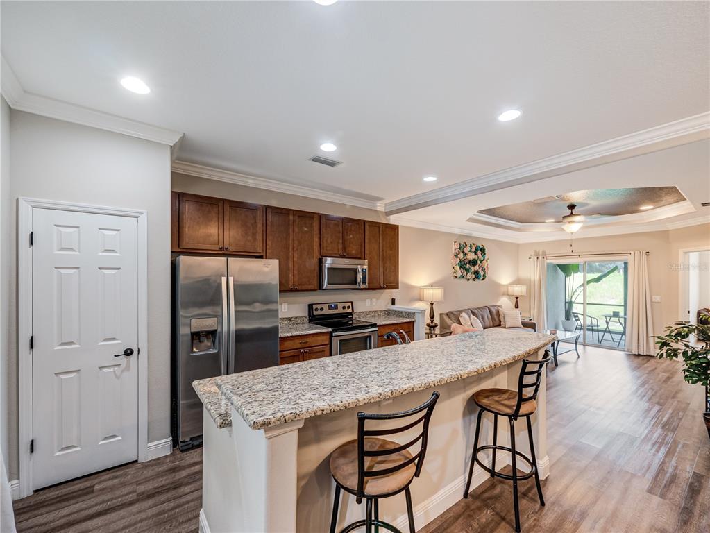 8416 Magnificent Road Groveland, FL 34736 - Photo 4 of 28 a kitchen with granite countertop a refrigerator and microwave