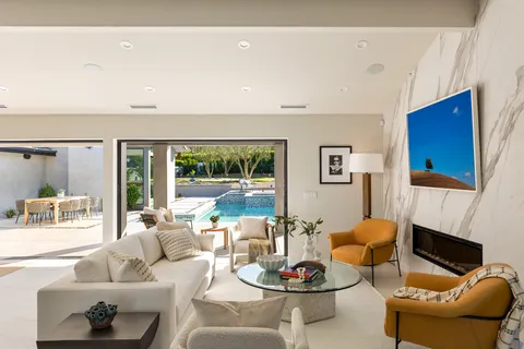 a living room with furniture potted plant and a fireplace