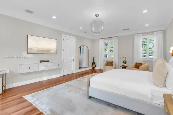 a spacious bedroom with a large bed and a large window