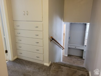 360 West 200 North Logan, UT 84321 - Photo 12 of 26 Staircase with carpet flooring and built-in cabinets