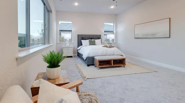 a spacious bedroom with furniture and a potted plant